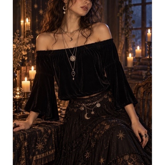 Hollister Tops - Hollister Velvet Blouse S Black Off Shoulder BellSleeve Whimsigoth Dark Romantic
